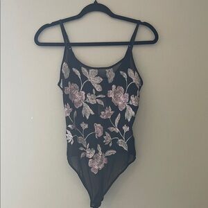Express Black Bodysuit with Pink and Silver Embroidery